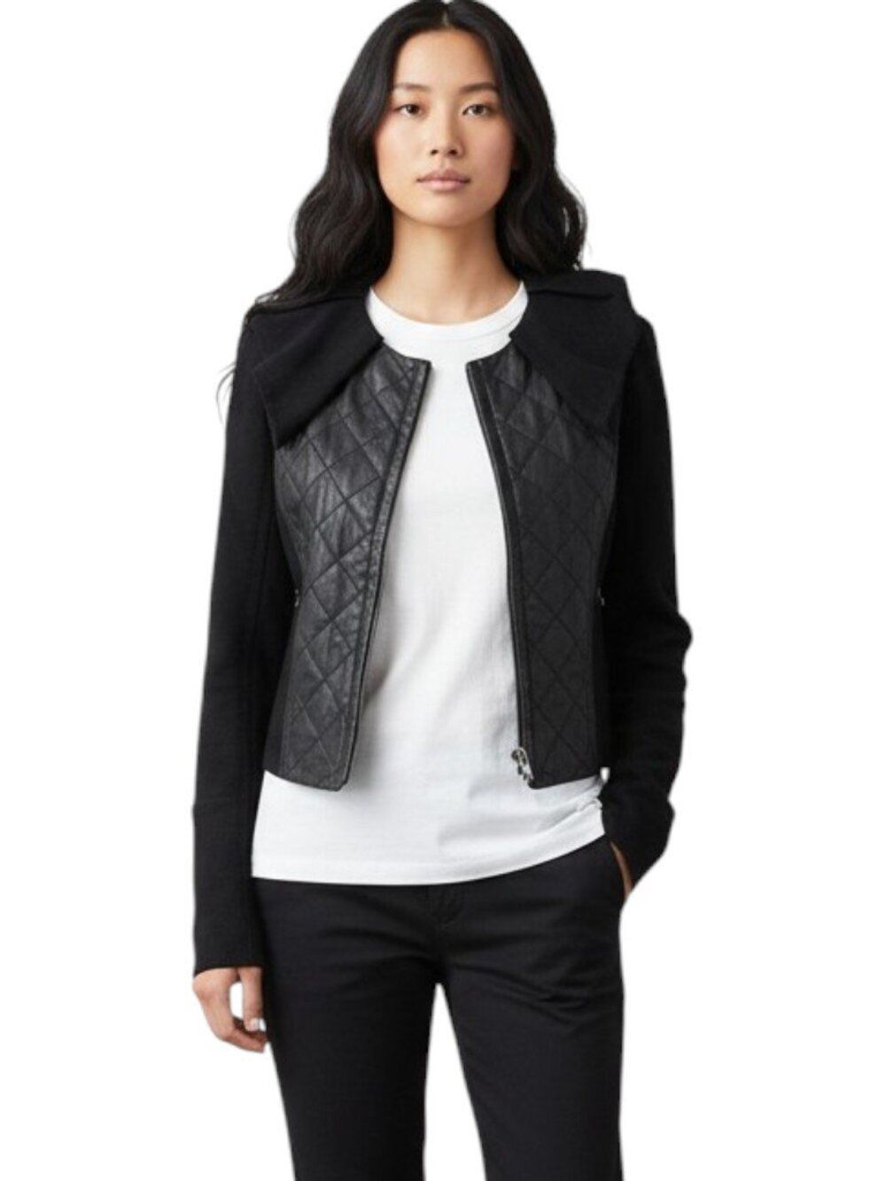 Hanii Y Quilted Leather Wool Cropped Jacket Whimsigoth Avant Garde Black Size S